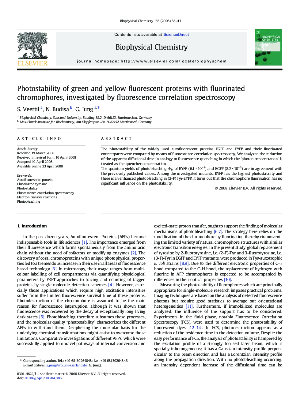 Photostability of green and yellow fluorescent proteins with fluorinated chromophores, investigated by fluorescence correlation spectroscopy