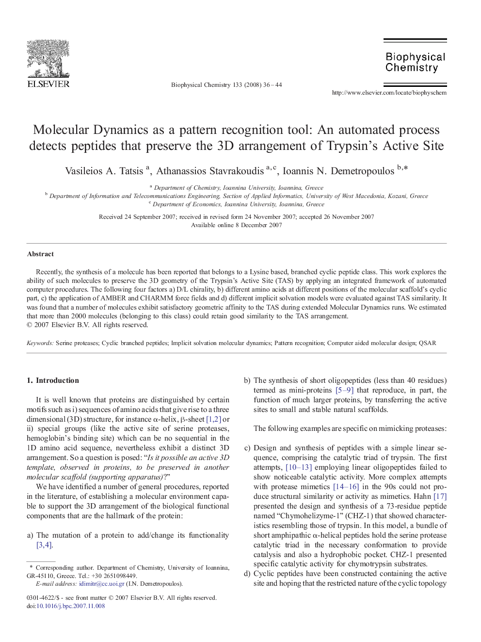 Molecular Dynamics as a pattern recognition tool: An automated process detects peptides that preserve the 3D arrangement of Trypsin's Active Site