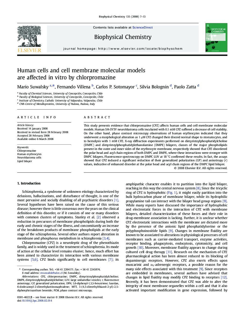 Human cells and cell membrane molecular models are affected in vitro by chlorpromazine