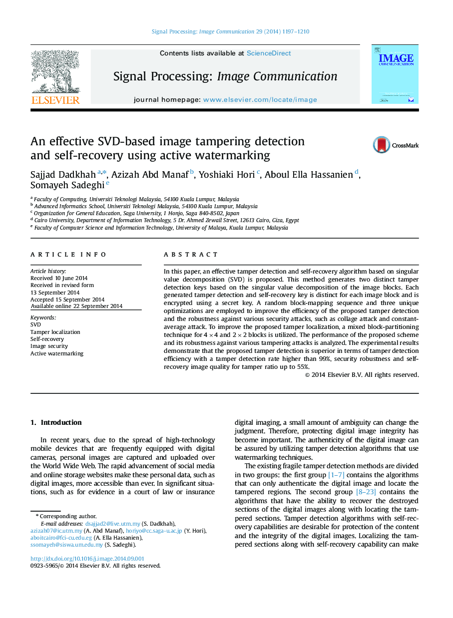 An effective SVD-based image tampering detection and self-recovery using active watermarking