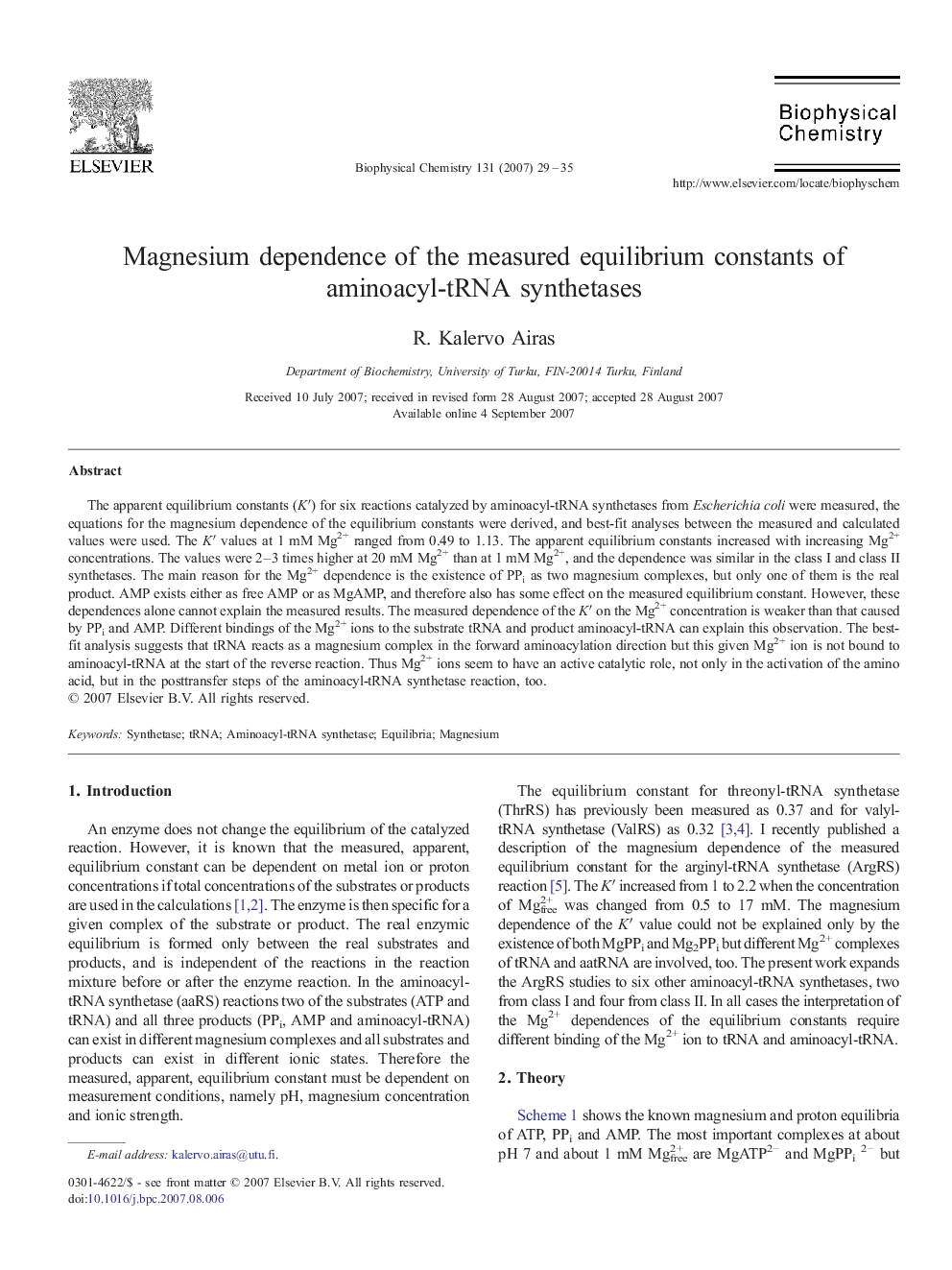 Magnesium dependence of the measured equilibrium constants of aminoacyl-tRNA synthetases