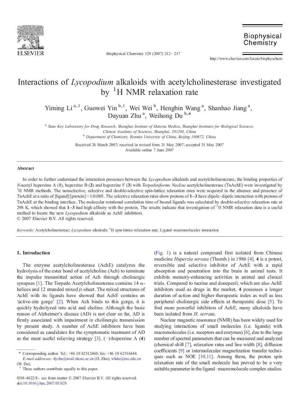 Interactions of Lycopodium alkaloids with acetylcholinesterase investigated by 1H NMR relaxation rate