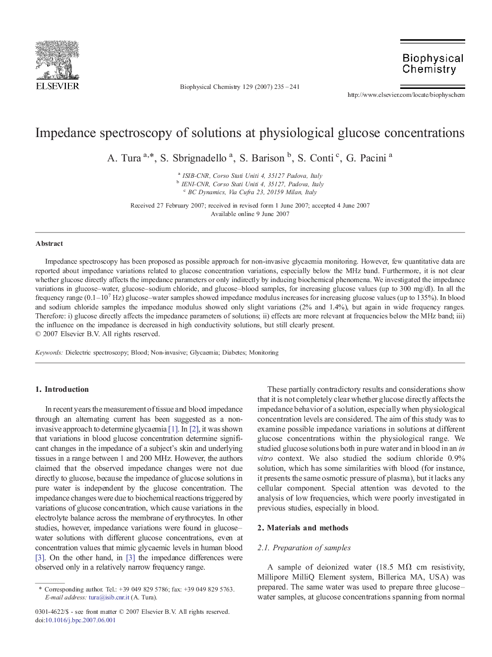 Impedance spectroscopy of solutions at physiological glucose concentrations