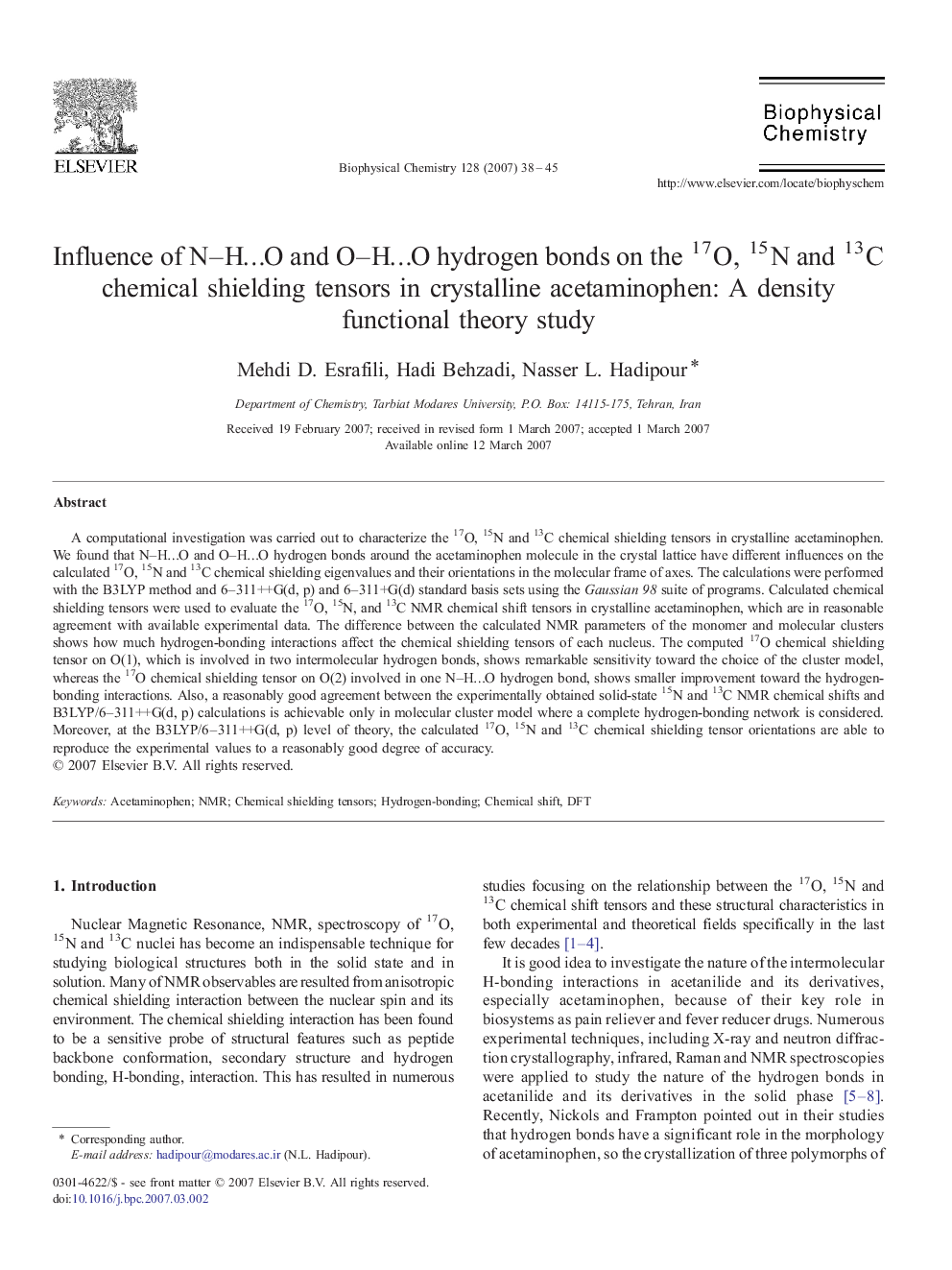 Influence of N-Hâ¦O and O-Hâ¦O hydrogen bonds on the 17O, 15N and 13C chemical shielding tensors in crystalline acetaminophen: A density functional theory study