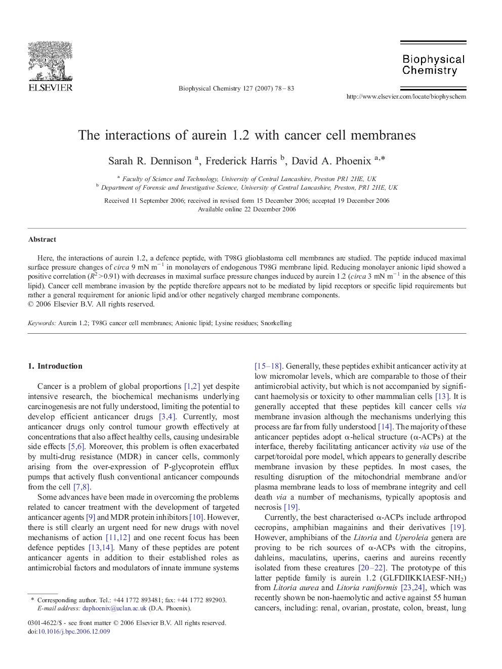 The interactions of aurein 1.2 with cancer cell membranes