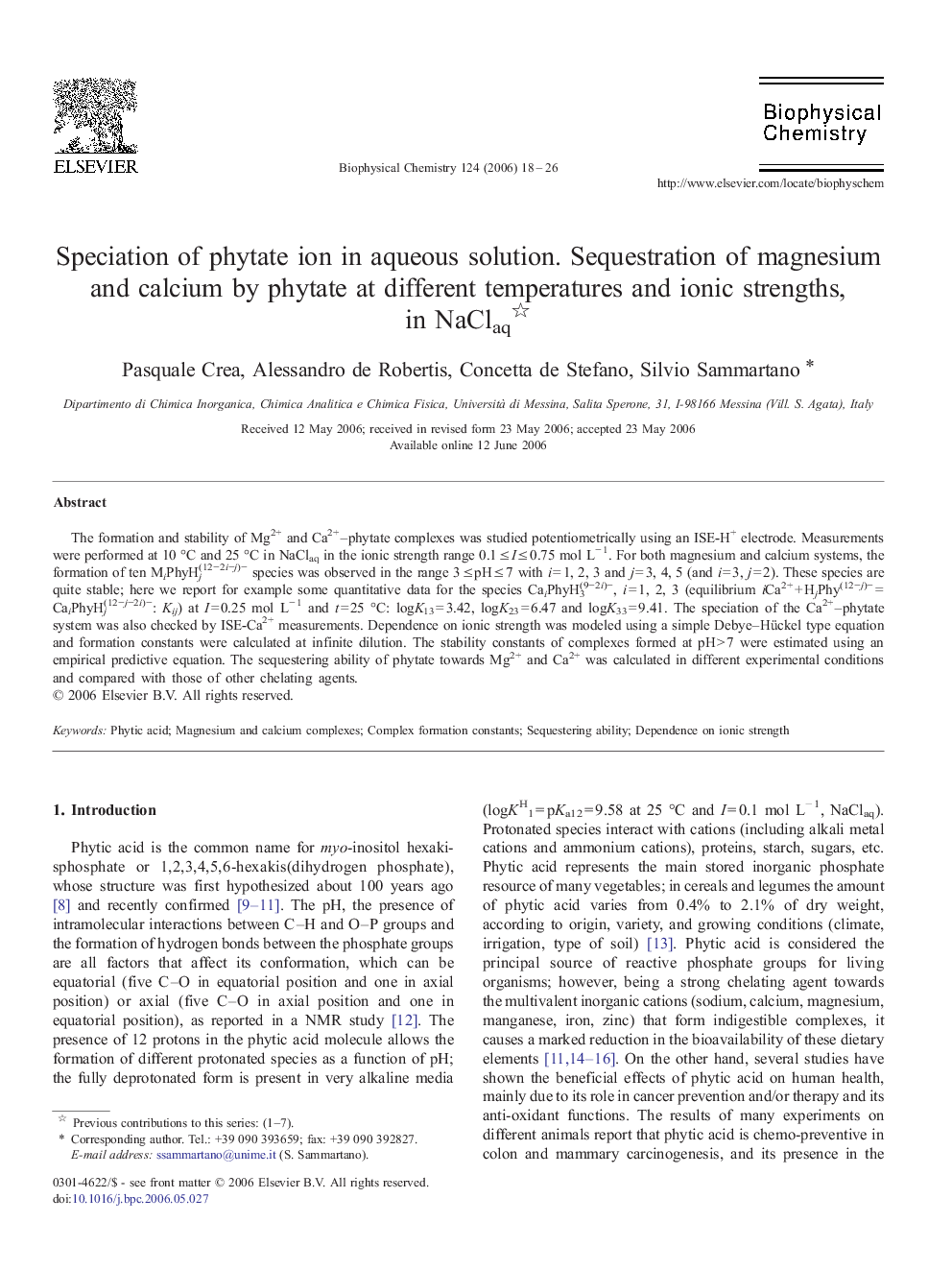 Speciation of phytate ion in aqueous solution. Sequestration of magnesium and calcium by phytate at different temperatures and ionic strengths, in NaClaq