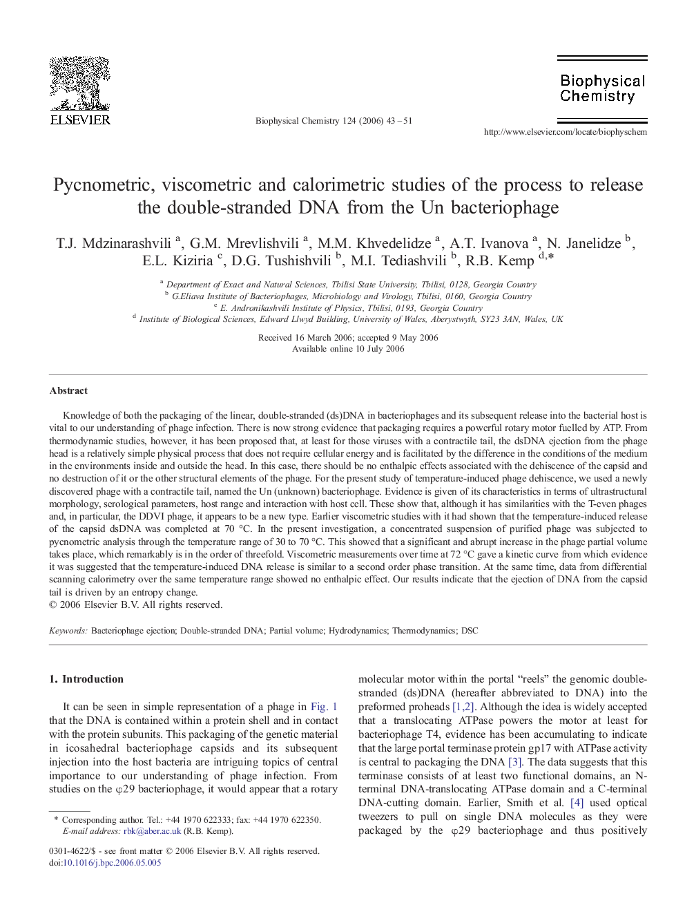 Pycnometric, viscometric and calorimetric studies of the process to release the double-stranded DNA from the Un bacteriophage