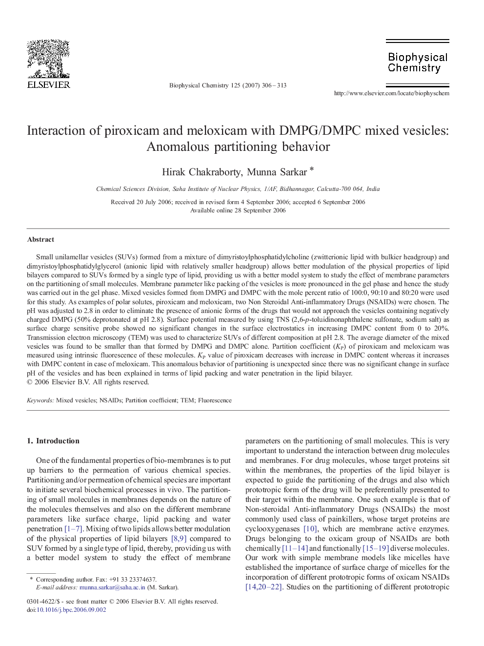 Interaction of piroxicam and meloxicam with DMPG/DMPC mixed vesicles: Anomalous partitioning behavior