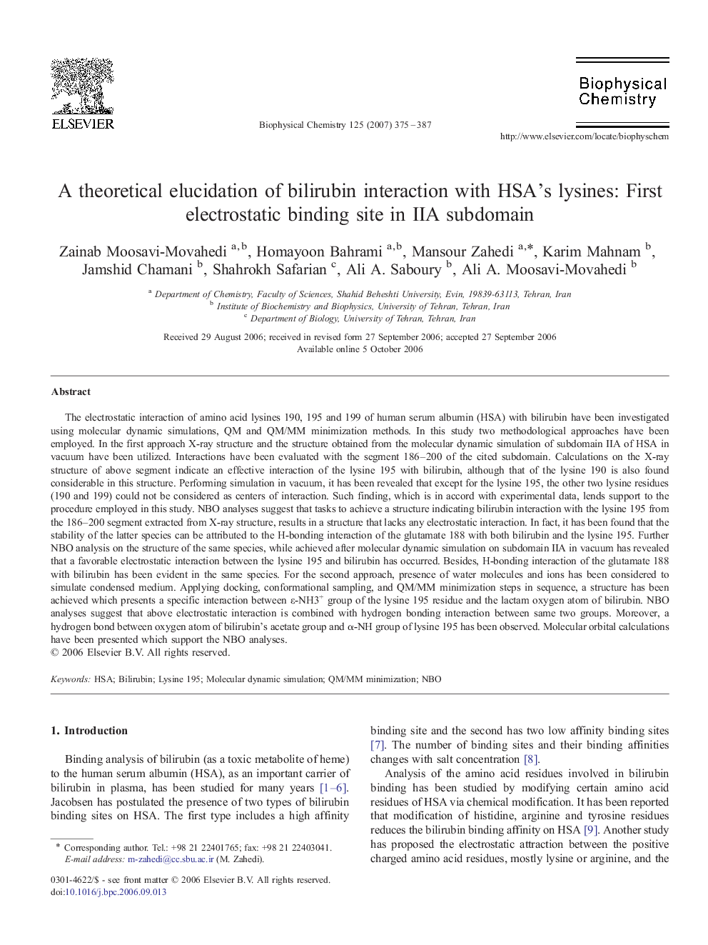 A theoretical elucidation of bilirubin interaction with HSA's lysines: First electrostatic binding site in IIA subdomain