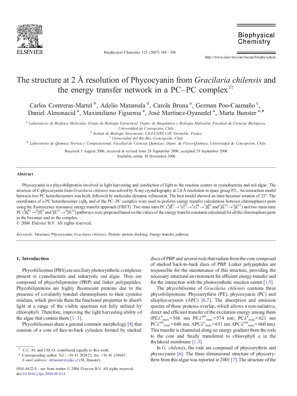 The structure at 2Â Ã resolution of Phycocyanin from Gracilaria chilensis and the energy transfer network in a PC-PC complex