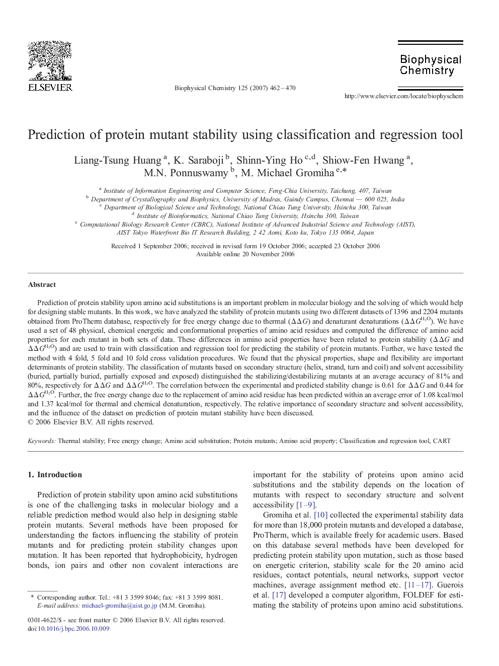 Prediction of protein mutant stability using classification and regression tool