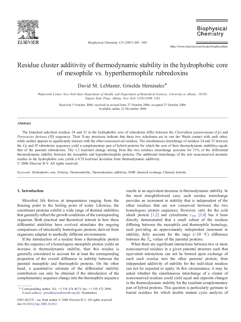 Residue cluster additivity of thermodynamic stability in the hydrophobic core of mesophile vs. hyperthermophile rubredoxins