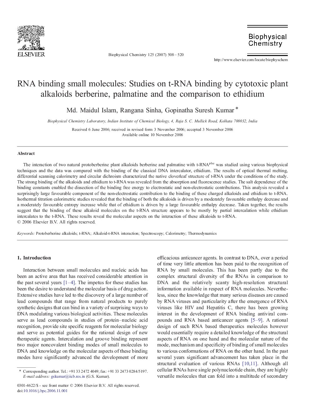 RNA binding small molecules: Studies on t-RNA binding by cytotoxic plant alkaloids berberine, palmatine and the comparison to ethidium