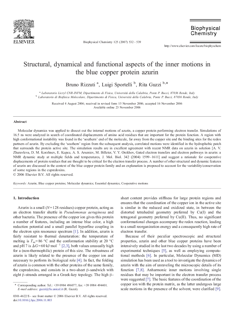 Structural, dynamical and functional aspects of the inner motions in the blue copper protein azurin