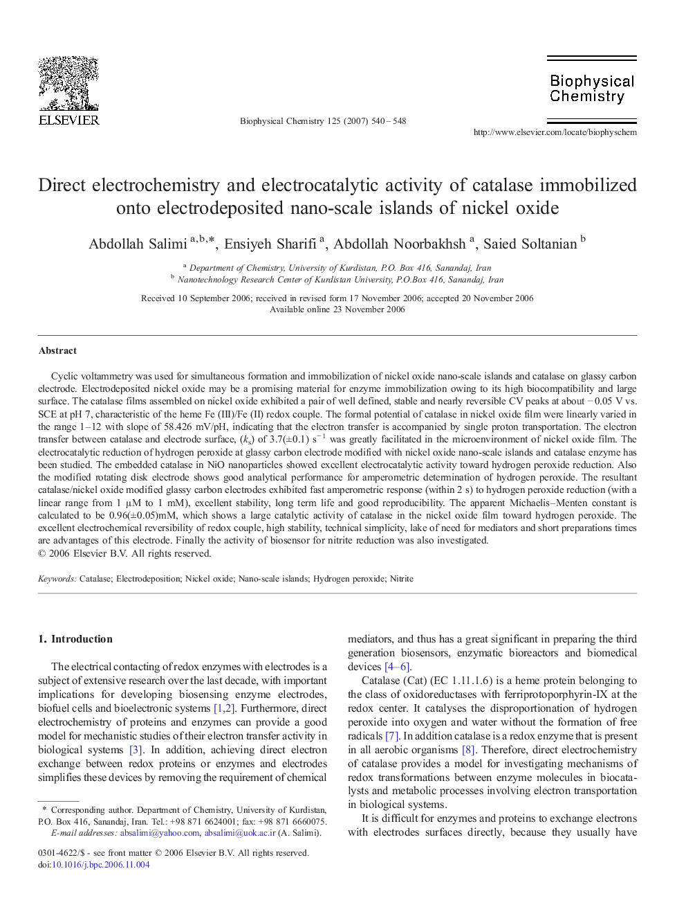 Direct electrochemistry and electrocatalytic activity of catalase immobilized onto electrodeposited nano-scale islands of nickel oxide