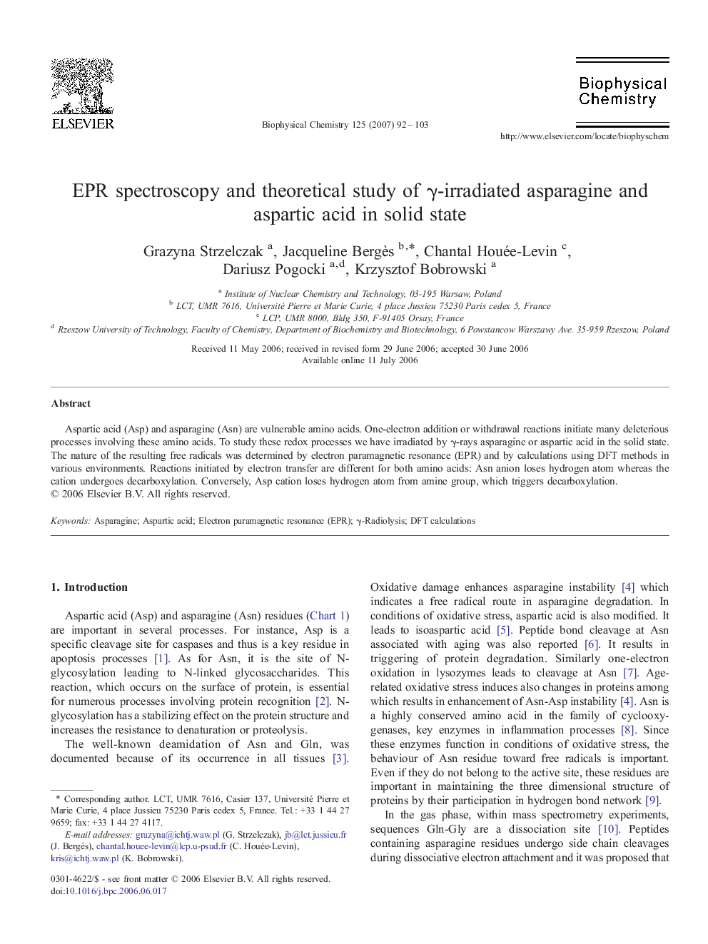 EPR spectroscopy and theoretical study of Î³-irradiated asparagine and aspartic acid in solid state