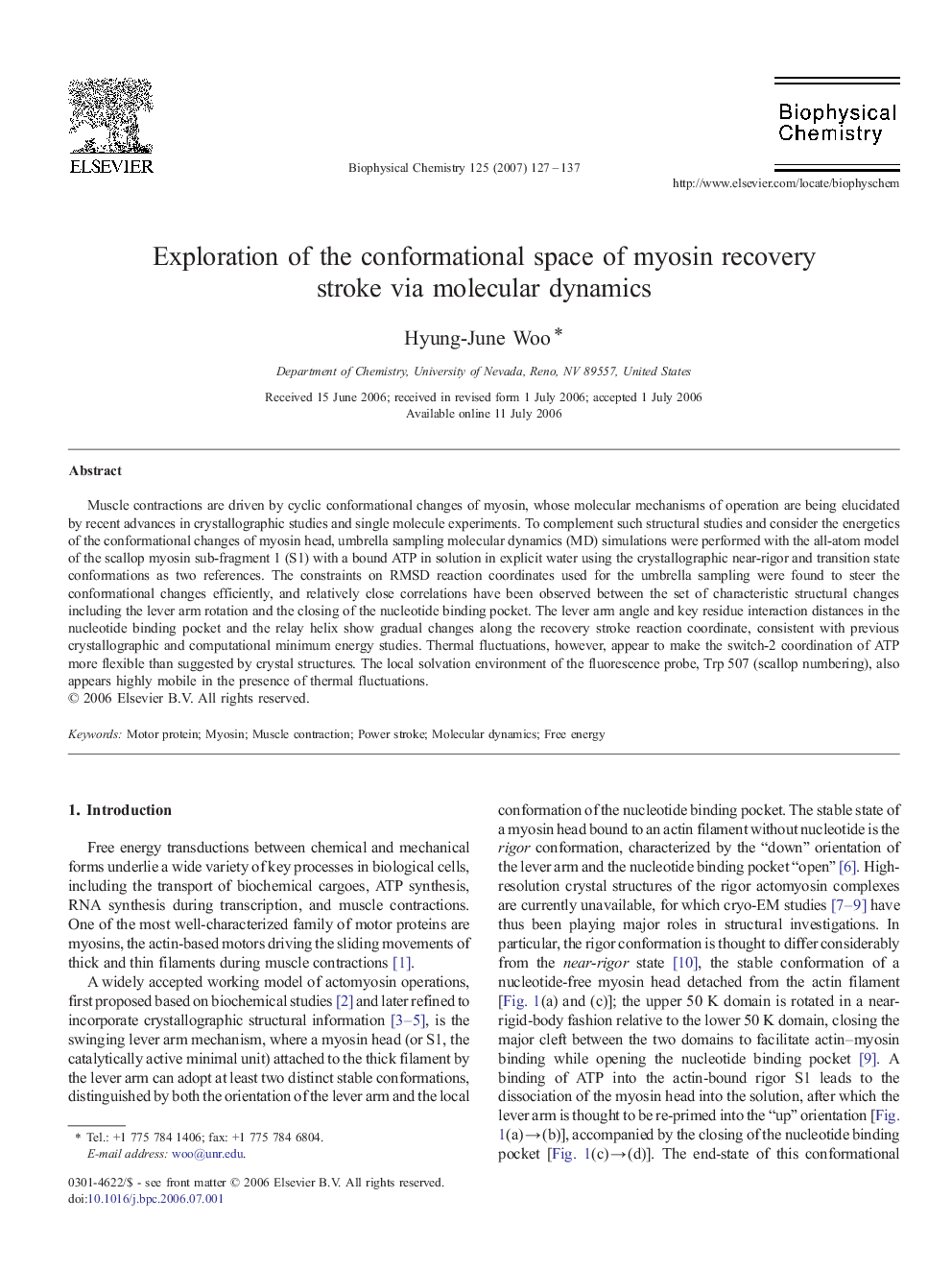 Exploration of the conformational space of myosin recovery stroke via molecular dynamics