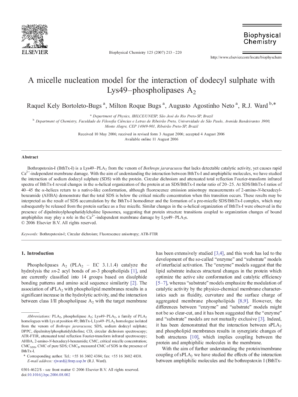 A micelle nucleation model for the interaction of dodecyl sulphate with Lys49-phospholipases A2