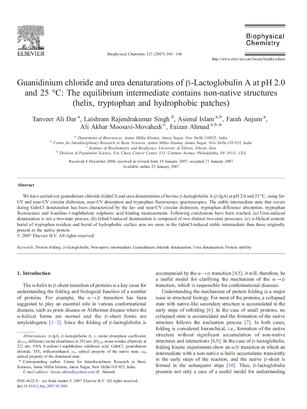 Guanidinium chloride and urea denaturations of Î²-Lactoglobulin A at pH 2.0 and 25Â Â°C: The equilibrium intermediate contains non-native structures (helix, tryptophan and hydrophobic patches)