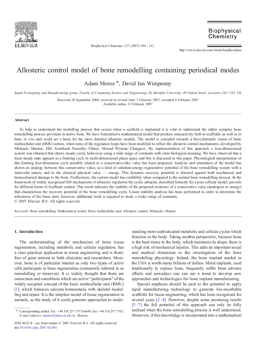 Allosteric control model of bone remodelling containing periodical modes