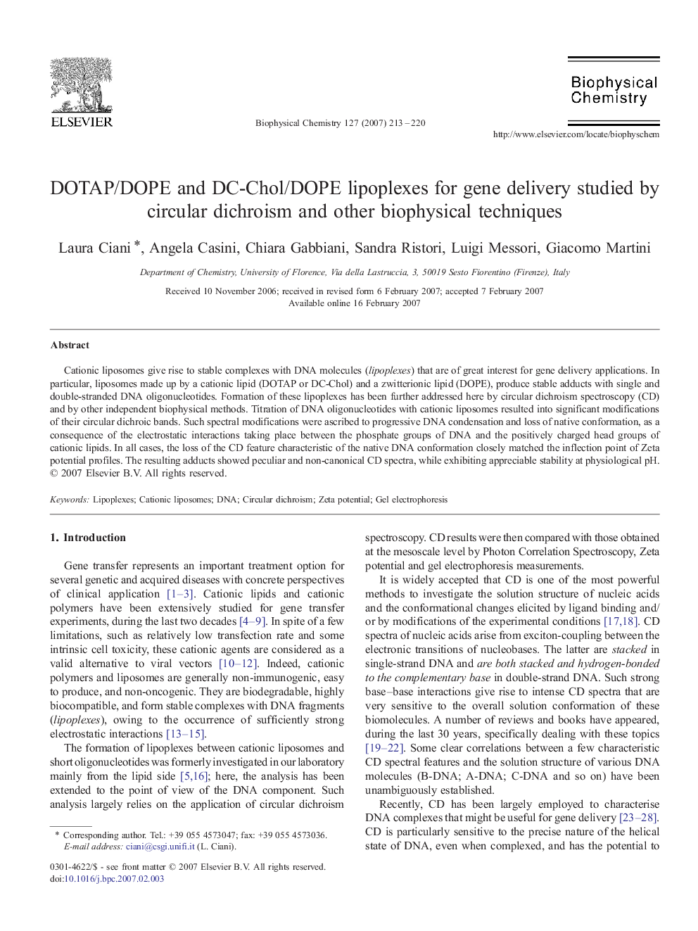 DOTAP/DOPE and DC-Chol/DOPE lipoplexes for gene delivery studied by circular dichroism and other biophysical techniques