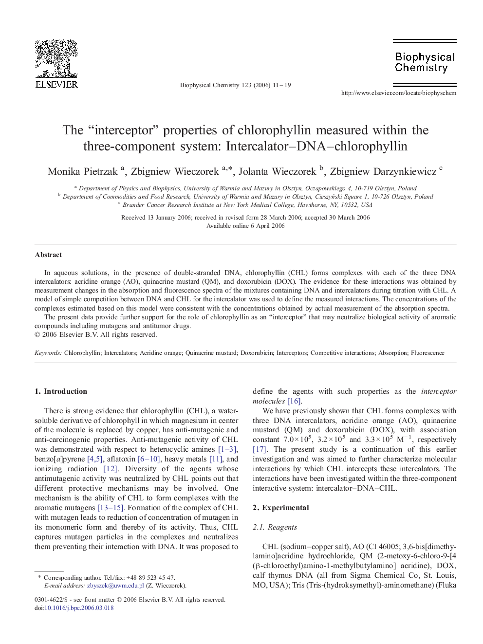 The “interceptor” properties of chlorophyllin measured within the three-component system: Intercalator-DNA-chlorophyllin