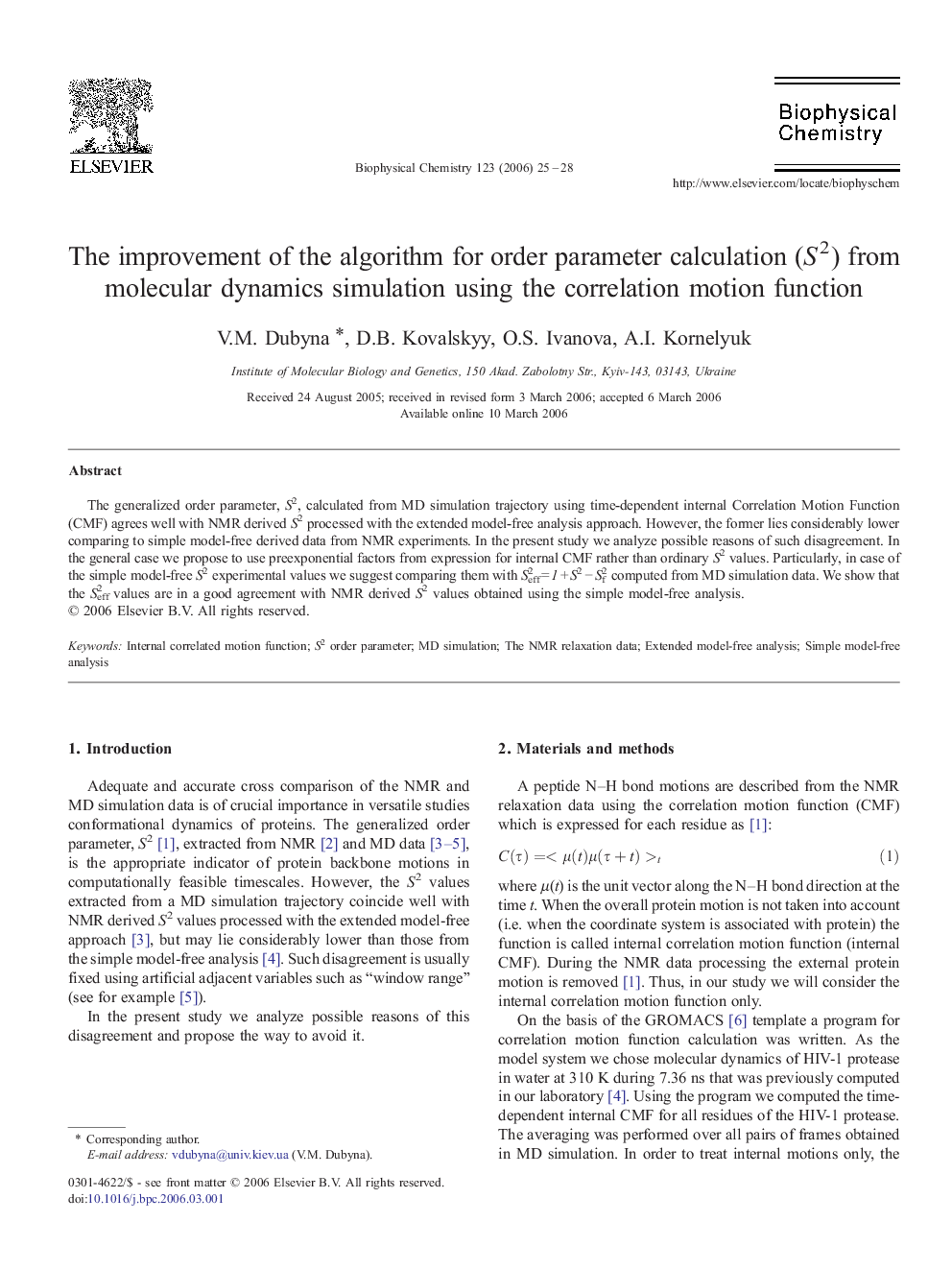 The improvement of the algorithm for order parameter calculation (S2) from molecular dynamics simulation using the correlation motion function