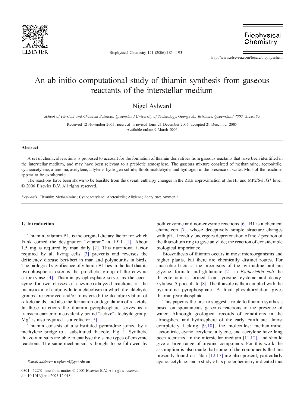 An ab initio computational study of thiamin synthesis from gaseous reactants of the interstellar medium