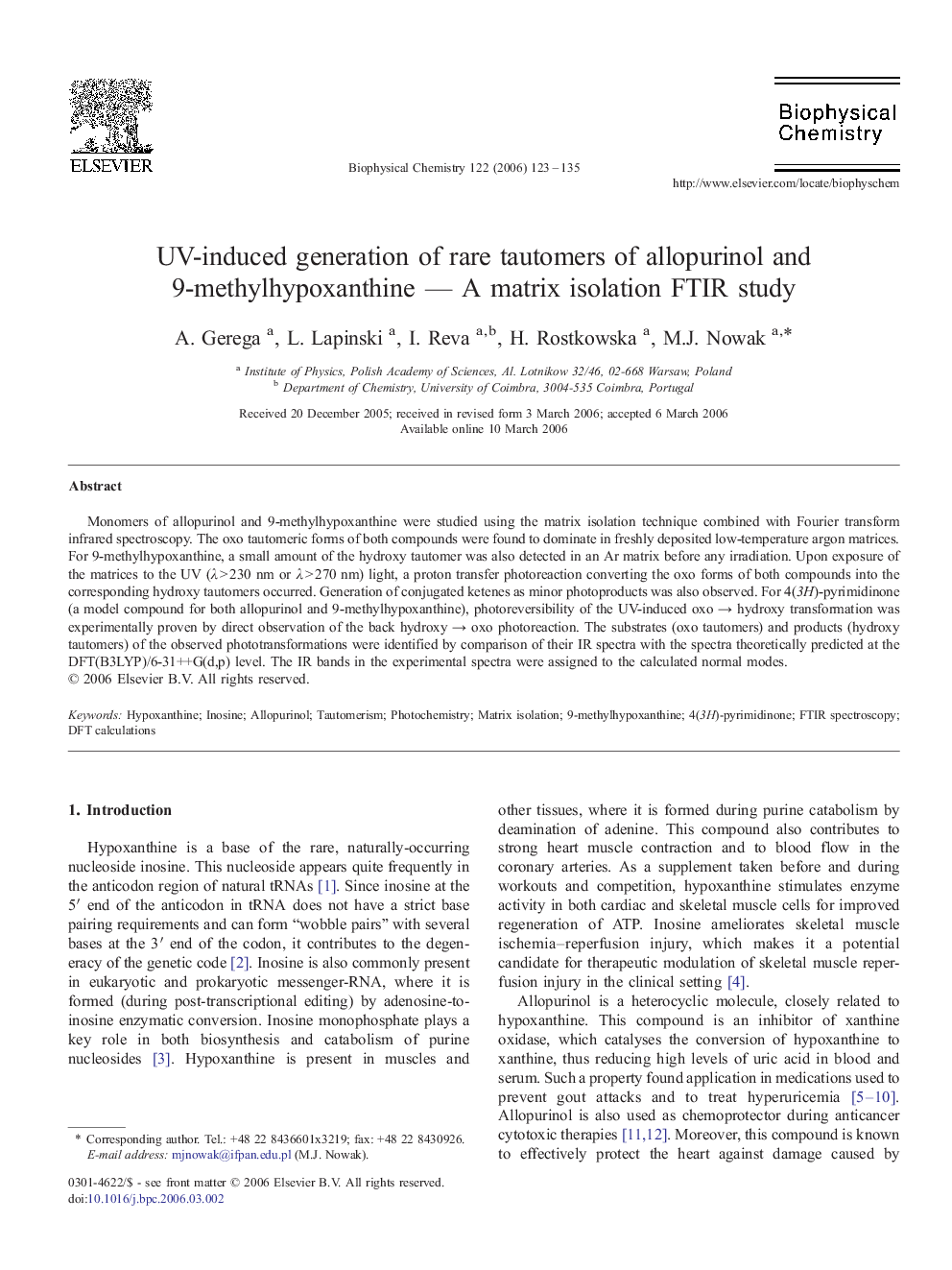 UV-induced generation of rare tautomers of allopurinol and 9-methylhypoxanthine - A matrix isolation FTIR study