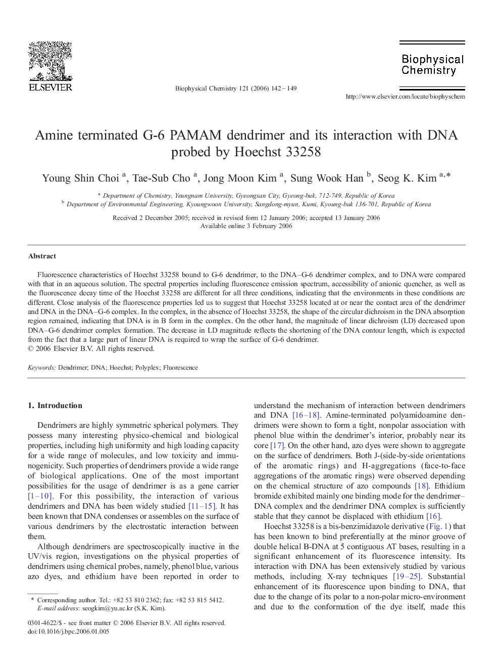 Amine terminated G-6 PAMAM dendrimer and its interaction with DNA probed by Hoechst 33258