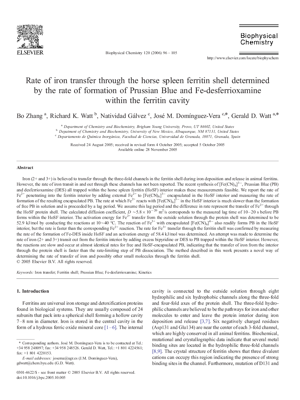 Rate of iron transfer through the horse spleen ferritin shell determined by the rate of formation of Prussian Blue and Fe-desferrioxamine within the ferritin cavity