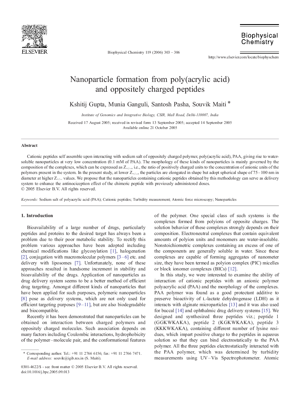 Nanoparticle formation from poly(acrylic acid) and oppositely charged peptides