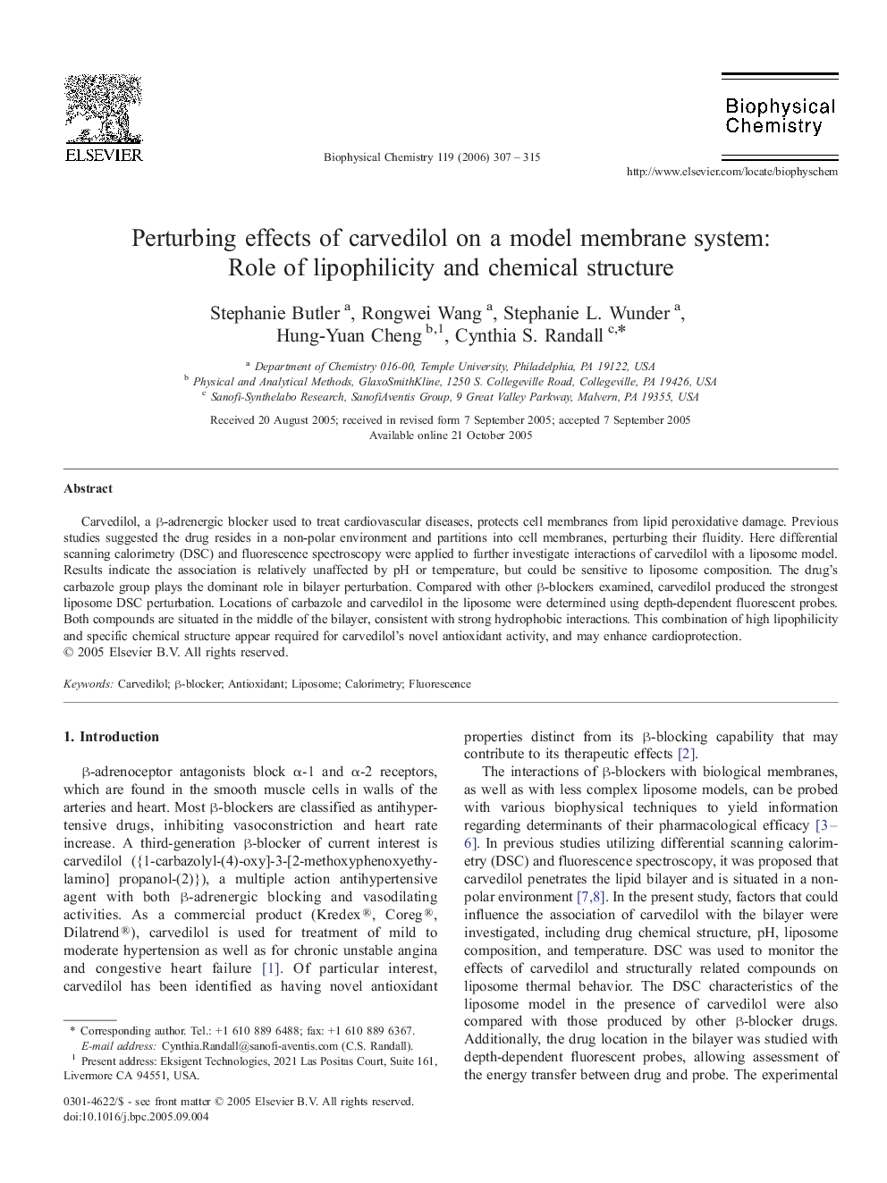 Perturbing effects of carvedilol on a model membrane system: Role of lipophilicity and chemical structure