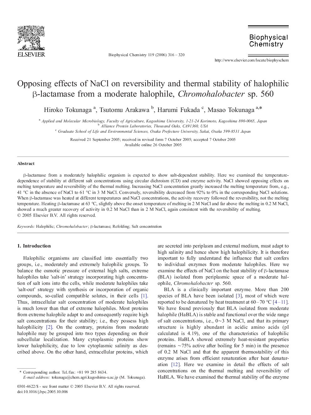 Opposing effects of NaCl on reversibility and thermal stability of halophilic Î²-lactamase from a moderate halophile, Chromohalobacter sp. 560