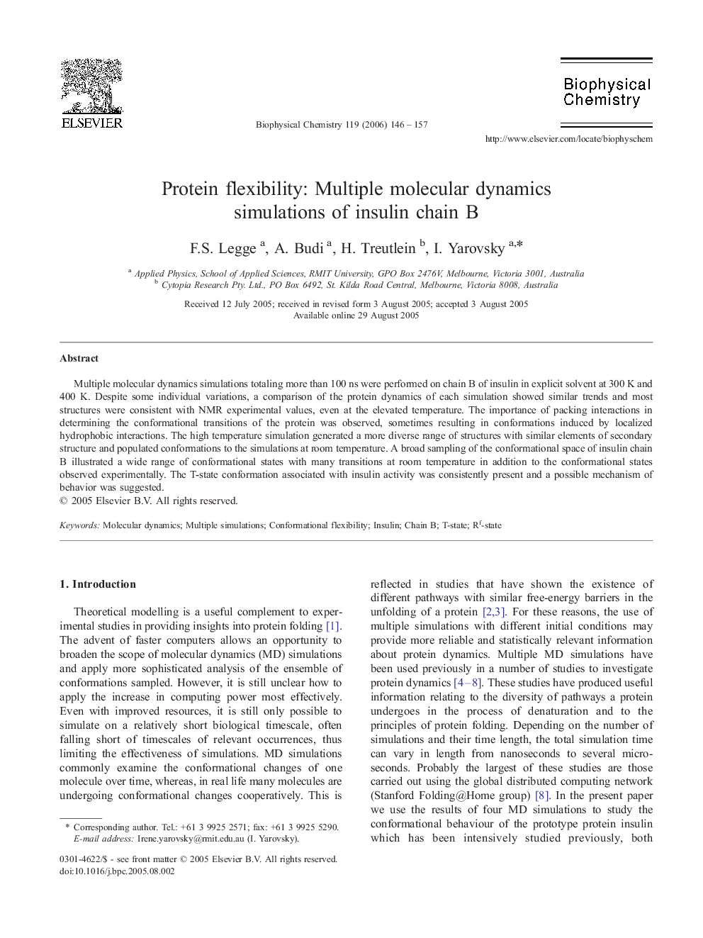 Protein flexibility: Multiple molecular dynamics simulations of insulin chain B