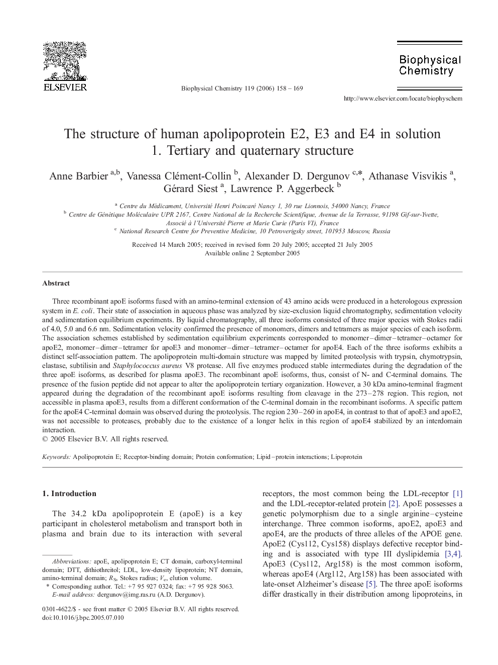 The structure of human apolipoprotein E2, E3 and E4 in solution: 1. Tertiary and quaternary structure