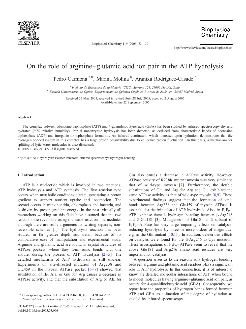 On the role of arginine-glutamic acid ion pair in the ATP hydrolysis