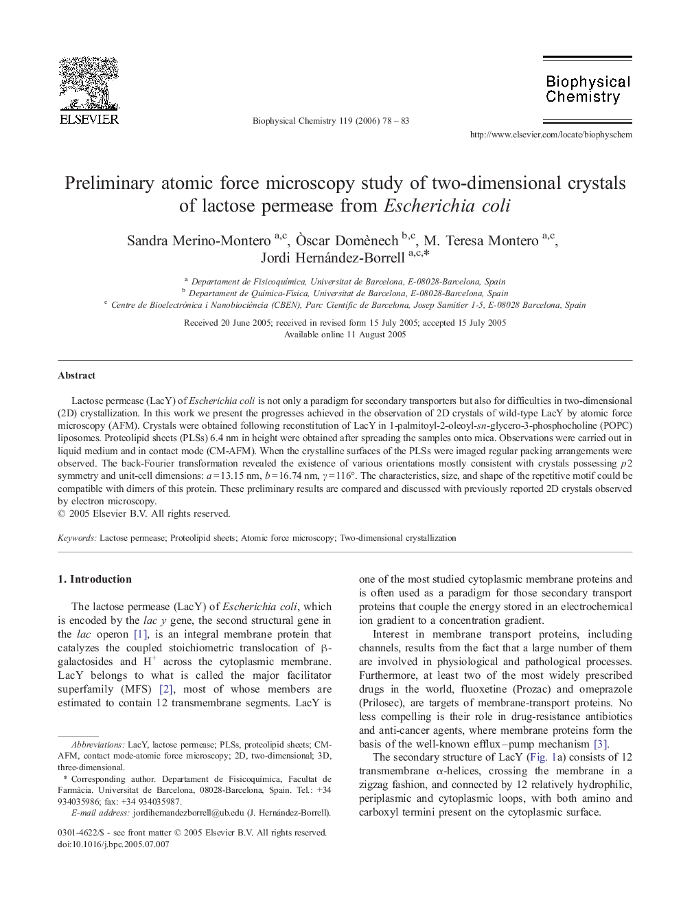 Preliminary atomic force microscopy study of two-dimensional crystals of lactose permease from Escherichia coli