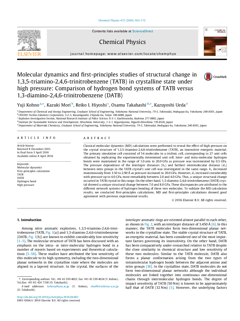 Molecular dynamics and first-principles studies of structural change in 1,3,5-triamino-2,4,6-trinitrobenzene (TATB) in crystalline state under high pressure: Comparison of hydrogen bond systems of TATB versus 1,3-diamino-2,4,6-trinitrobenzene (DATB)