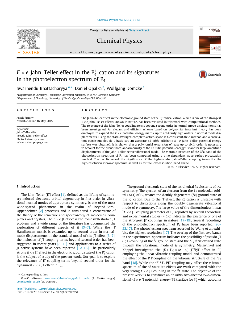 عکس صفحه اول مقاله: EÃe Jahn-Teller effect in the P4+ cation and its signatures in the photoelectron spectrum of P4 EÃe Jahn-Teller effect in the P4+ cation and its signatures in the photoelectron spectrum of P4