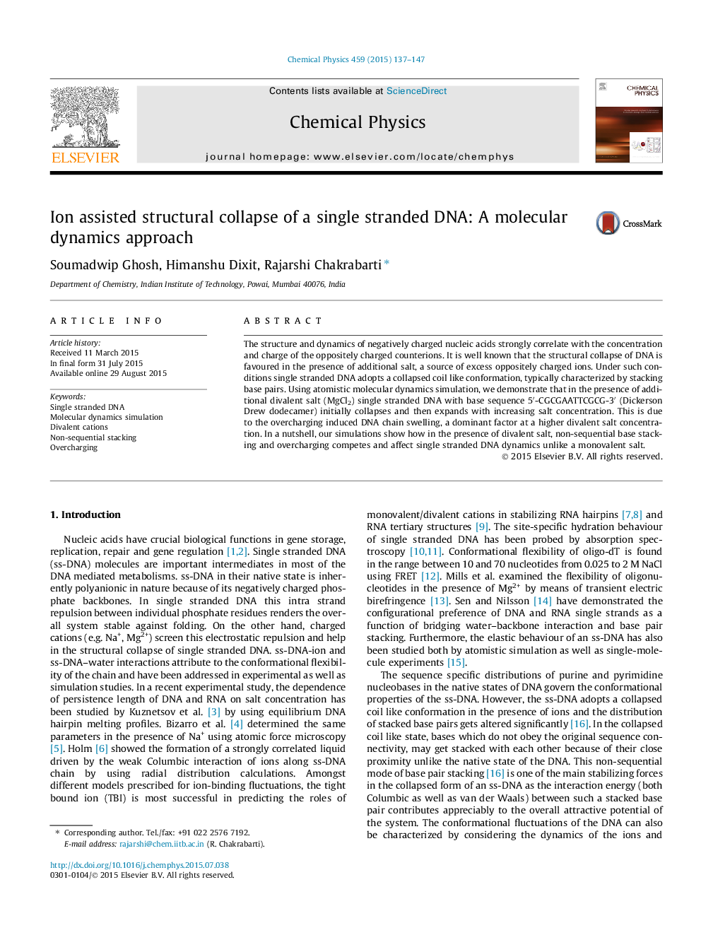 عکس صفحه اول مقاله: Ion assisted structural collapse of a single stranded DNA: A molecular dynamics approach Ion assisted structural collapse of a single stranded DNA: A molecular dynamics approach