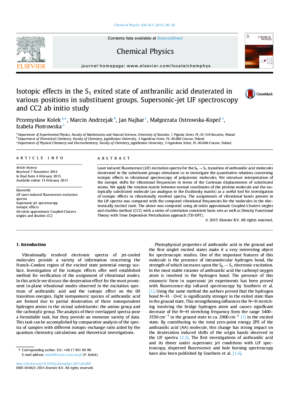 Isotopic effects in the S1 exited state of anthranilic acid deuterated in various positions in substituent groups. Supersonic-jet LIF spectroscopy and CC2 ab initio study