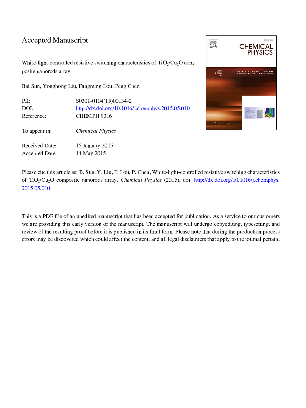 White-light-controlled resistive switching chearacteristics of TiO2/Cu2O composite nanorods array