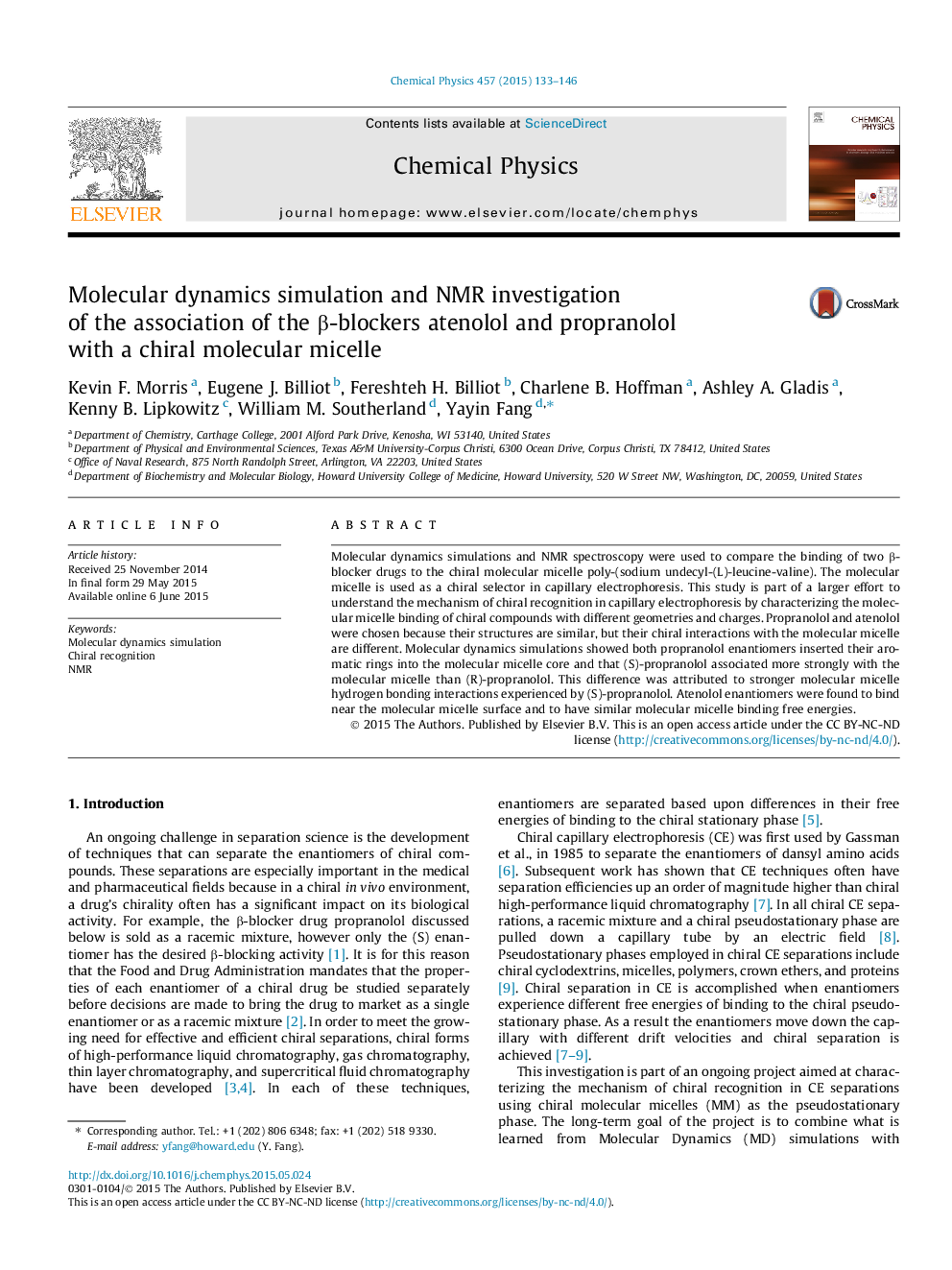 Molecular dynamics simulation and NMR investigation of the association of the Î²-blockers atenolol and propranolol with a chiral molecular micelle