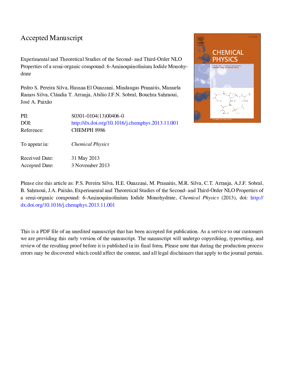 Experimental and theoretical studies of the second- and third-order NLO properties of a semi-organic compound: 6-Aminoquinolinium iodide monohydrate