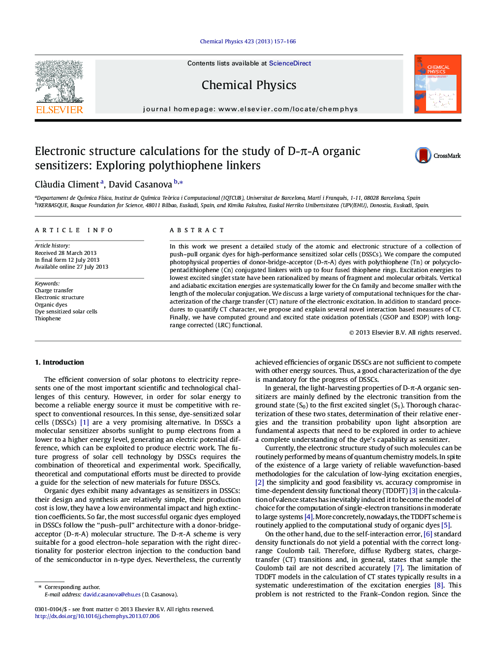 عکس صفحه اول مقاله: Electronic structure calculations for the study of D-Ï-A organic sensitizers: Exploring polythiophene linkers Electronic structure calculations for the study of D-Ï-A organic sensitizers: Exploring polythiophene linkers