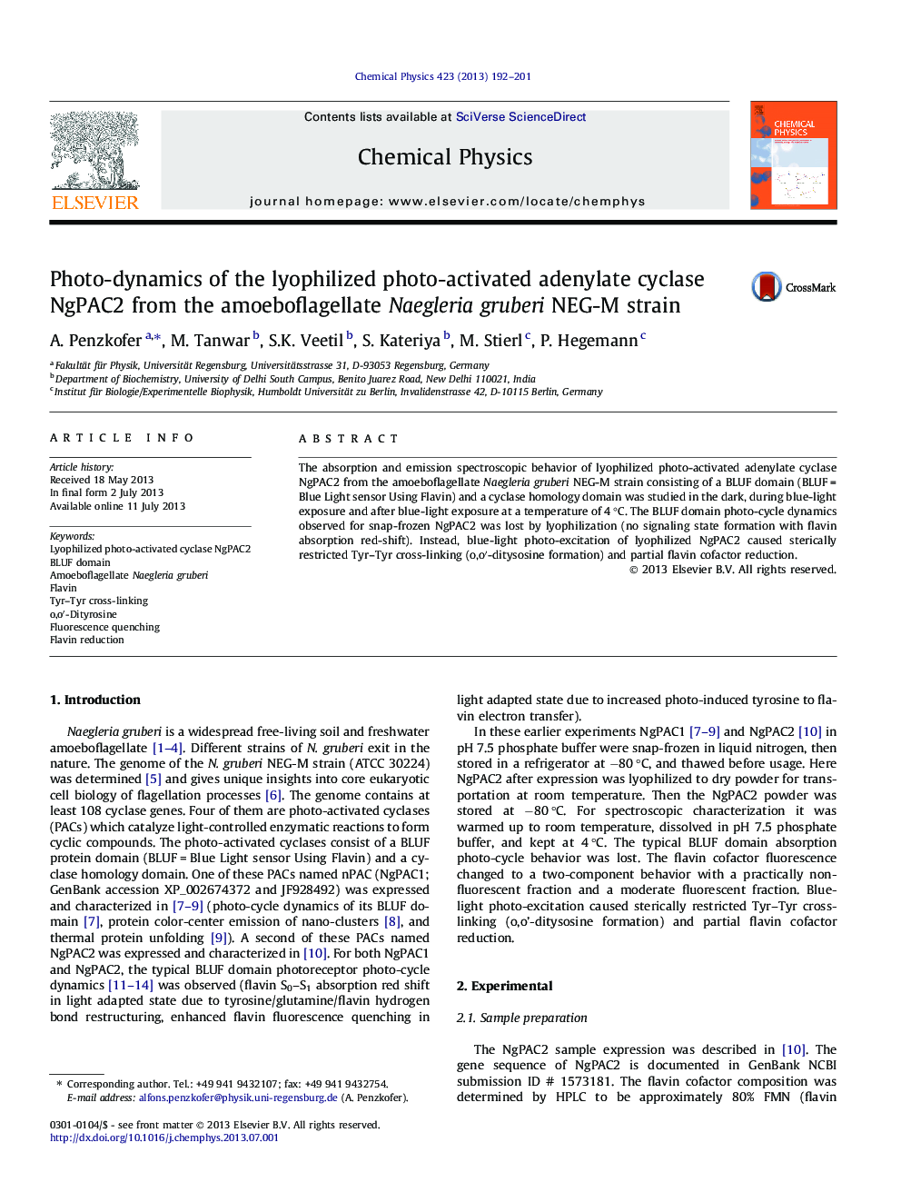 Photo-dynamics of the lyophilized photo-activated adenylate cyclase NgPAC2 from the amoeboflagellate Naegleria gruberi NEG-M strain