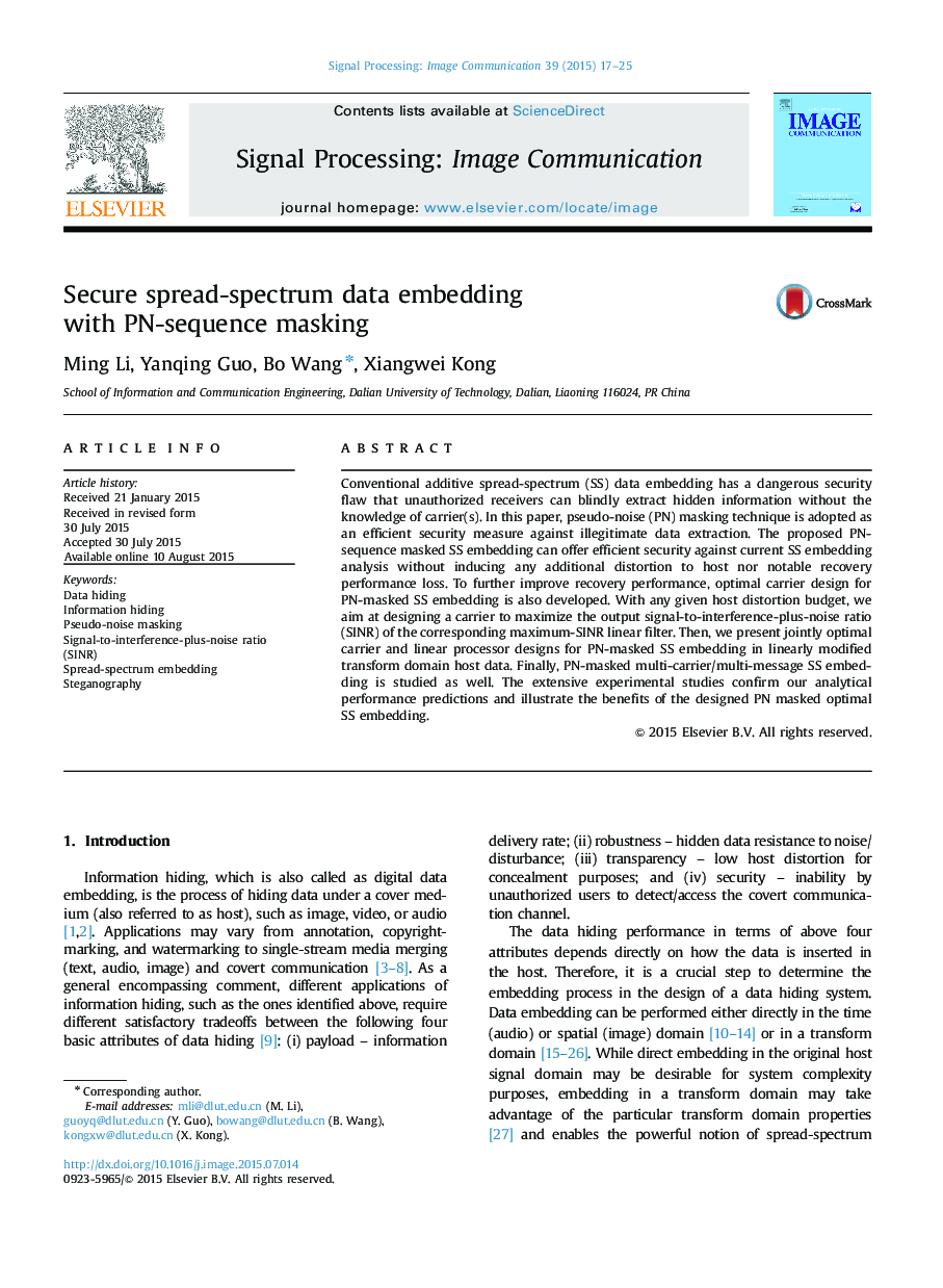 Secure spread-spectrum data embedding with PN-sequence masking