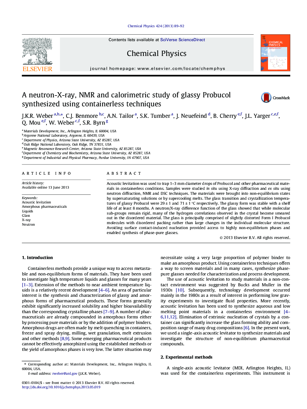 A neutron-X-ray, NMR and calorimetric study of glassy Probucol synthesized using containerless techniques