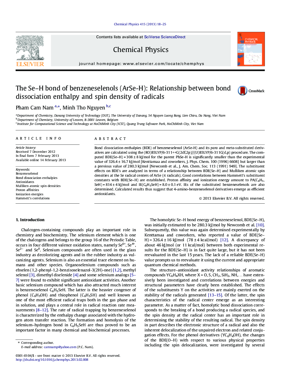 عکس صفحه اول مقاله: The Se-H bond of benzeneselenols (ArSe-H): Relationship between bond dissociation enthalpy and spin density of radicals The Se-H bond of benzeneselenols (ArSe-H): Relationship between bond dissociation enthalpy and spin density of radicals